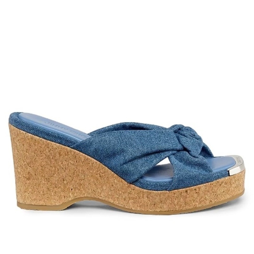 Jimmy Choo Avenue 110 Denim Wedge Sandals Knotted Upper 37 - Picture 5 of 16